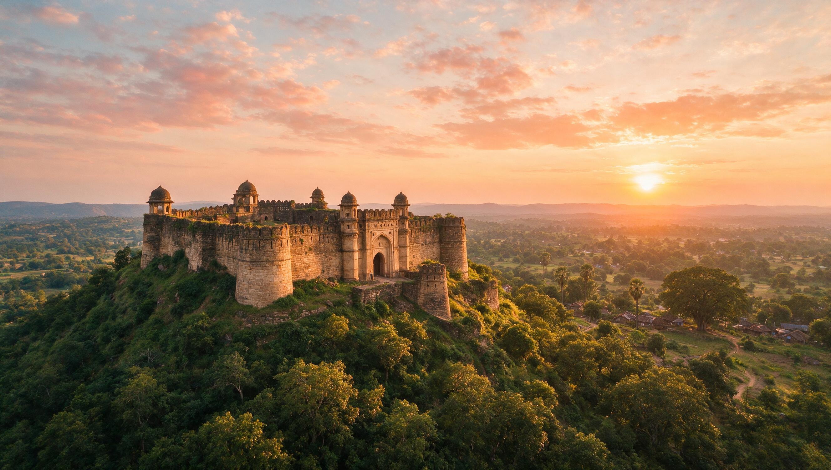 Dhar Fort perched on a hilltop with sunset sky