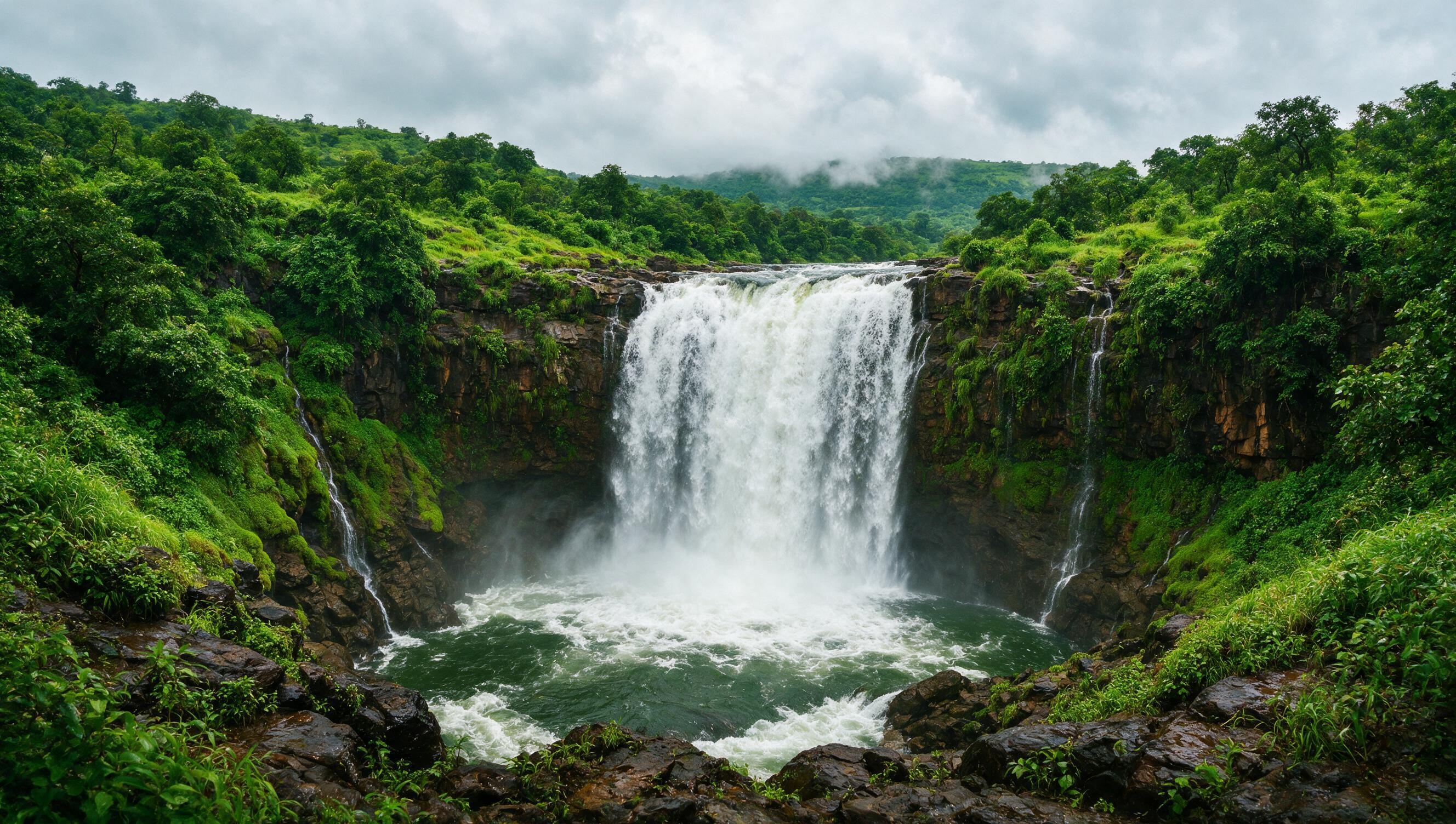 Patalpani waterfall surrounded by lush green hills